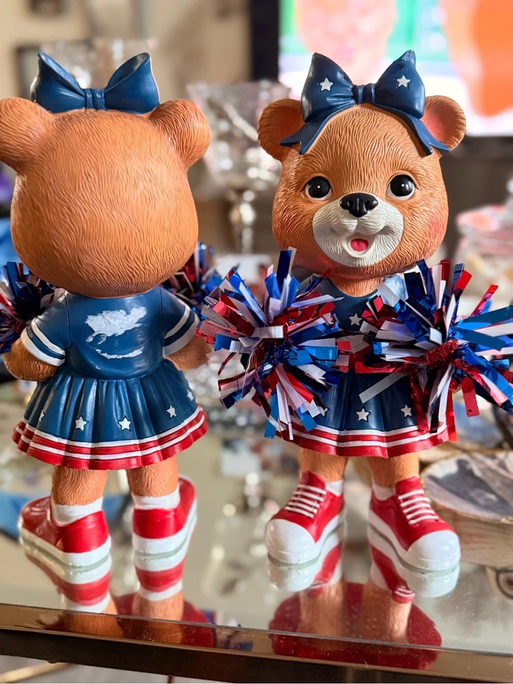 Patriotic Cheerleader Bear Figurines – Set of 2 – 12” Tall NWOT